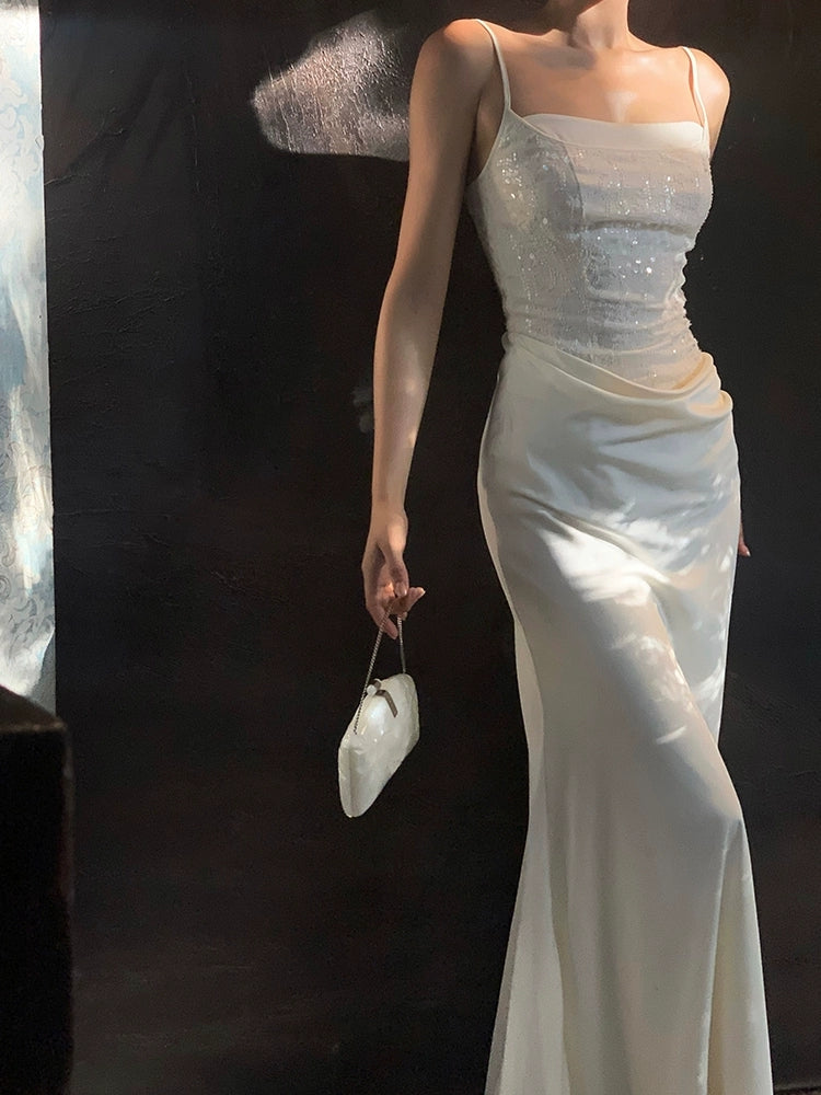 White Sheath Long Prom Dress Sequin Spaghetti Straps Evening Dress
