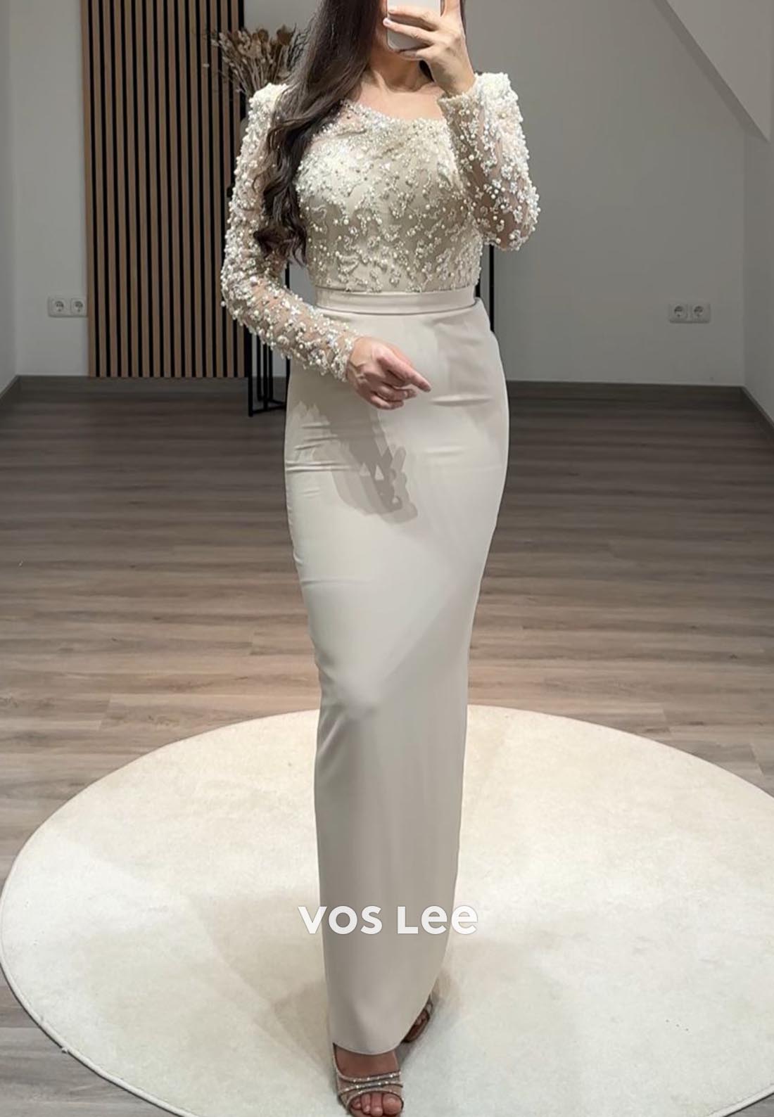 Beading Long Sleeve Scoop Floor-Length Column Formal Evening Dresses