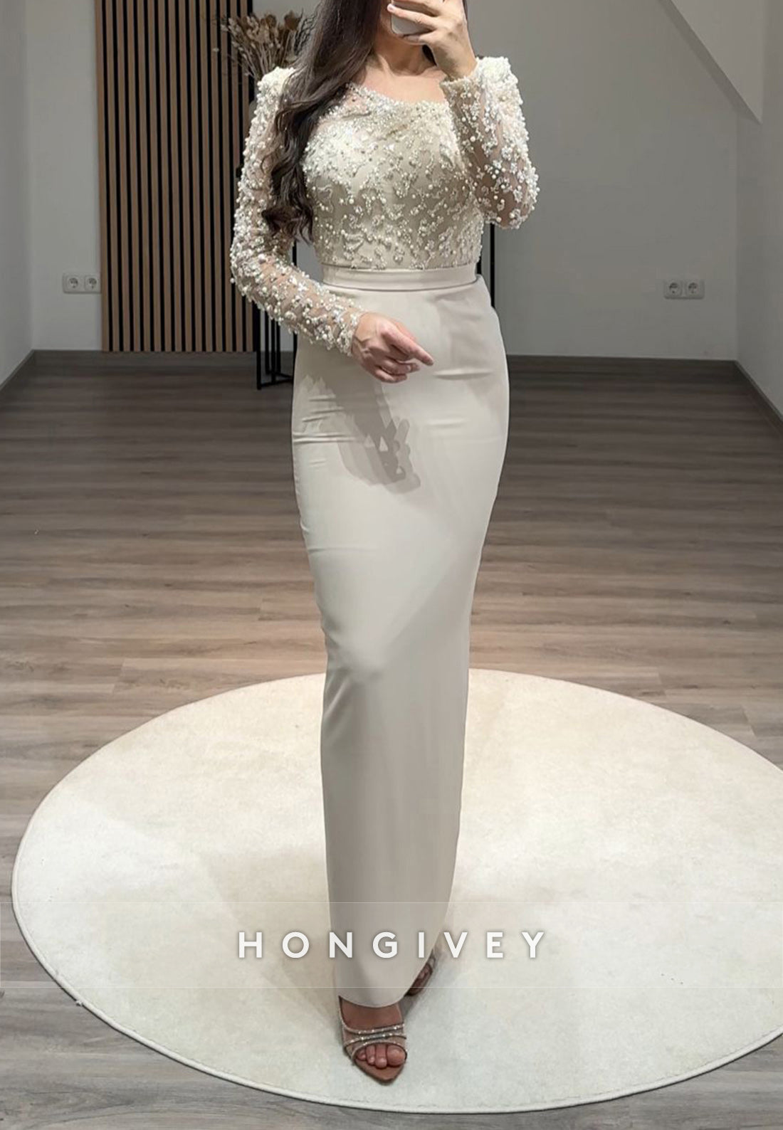 Beading Long Sleeve Scoop Floor-Length Column Formal Evening Dresses
