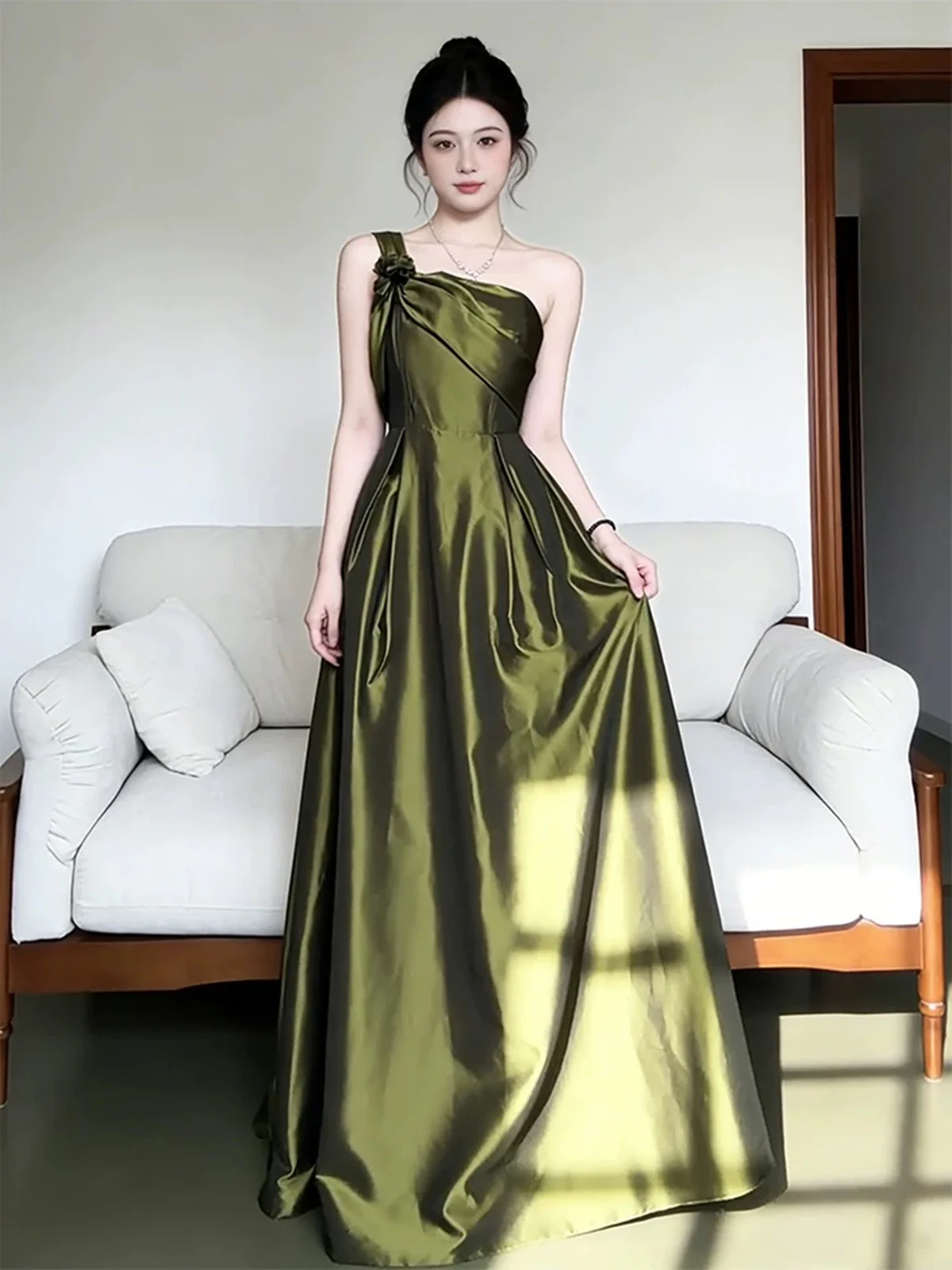 Elegant Olive Green One-Shoulder Satin Prom Dress, Vintage-Inspired A-Line Formal Dress - View 4 | FashionDia