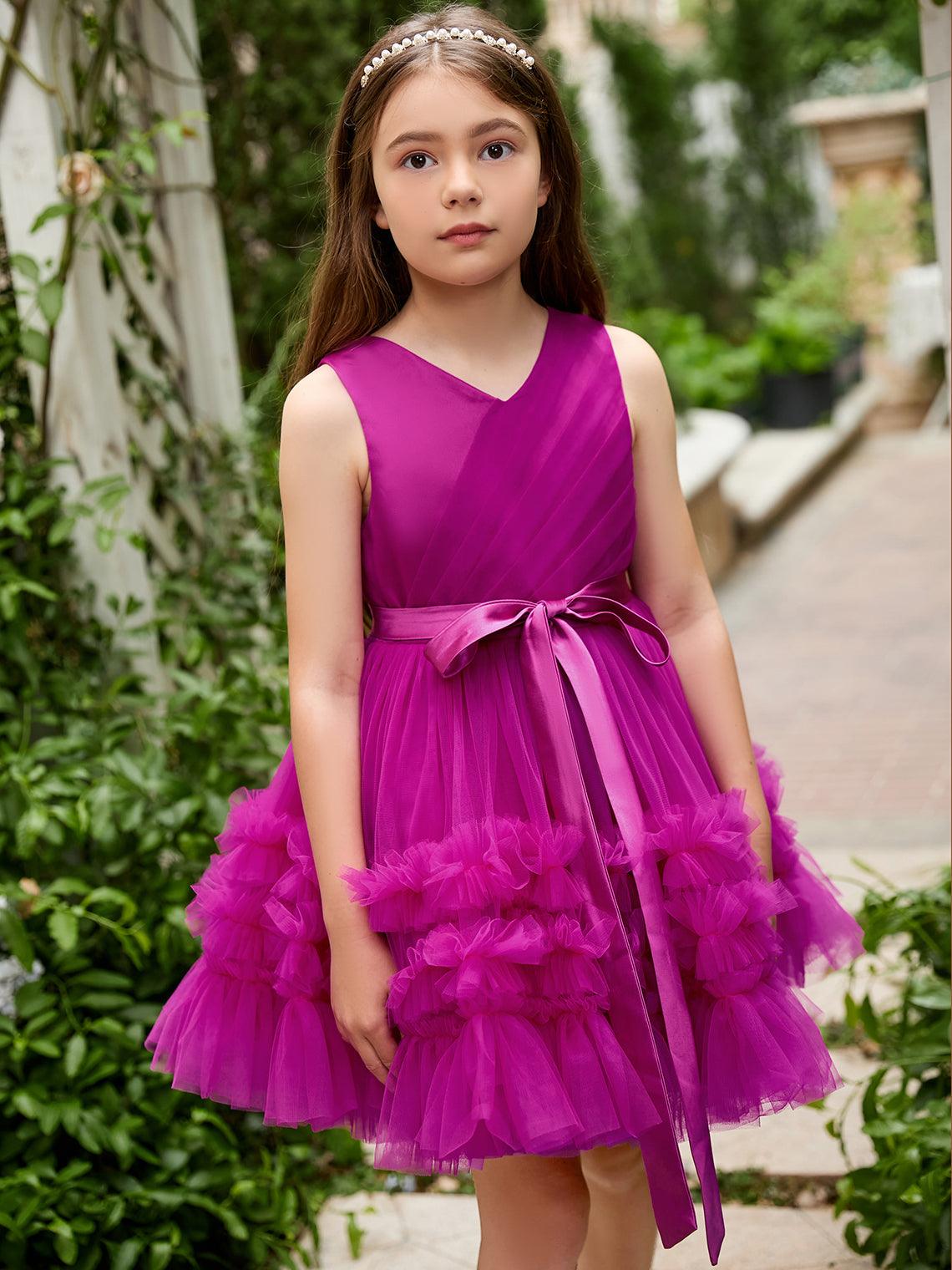 Fuchsia Princess Sleeveless Tulle Flower Girl Dress with Ruffles (010225236)