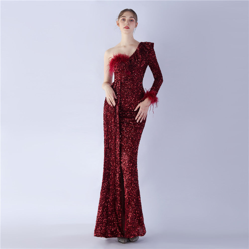 Craft Ostrich Feather Ruffled Side Slit High End Sequined Evening Dress - View 5 | VelvetHem