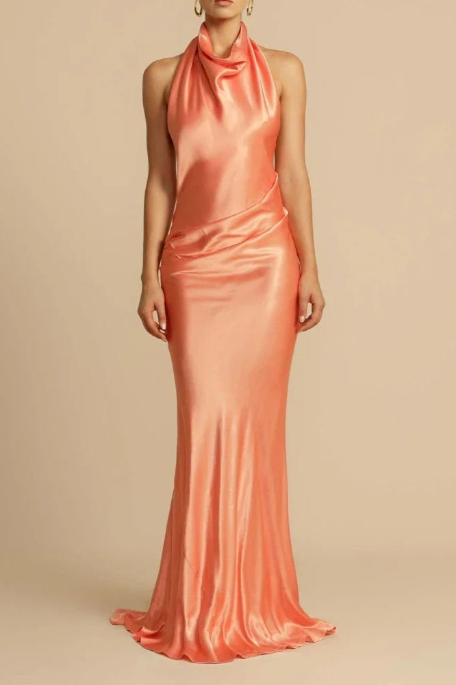Satin Halter Neck Maxi Dress - View 2 | FashionDia