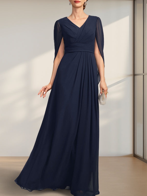 A-line V-Neck Floor-Length Chiffon Mother of the Bride Dress With Pleated - View 4 | FashionDia