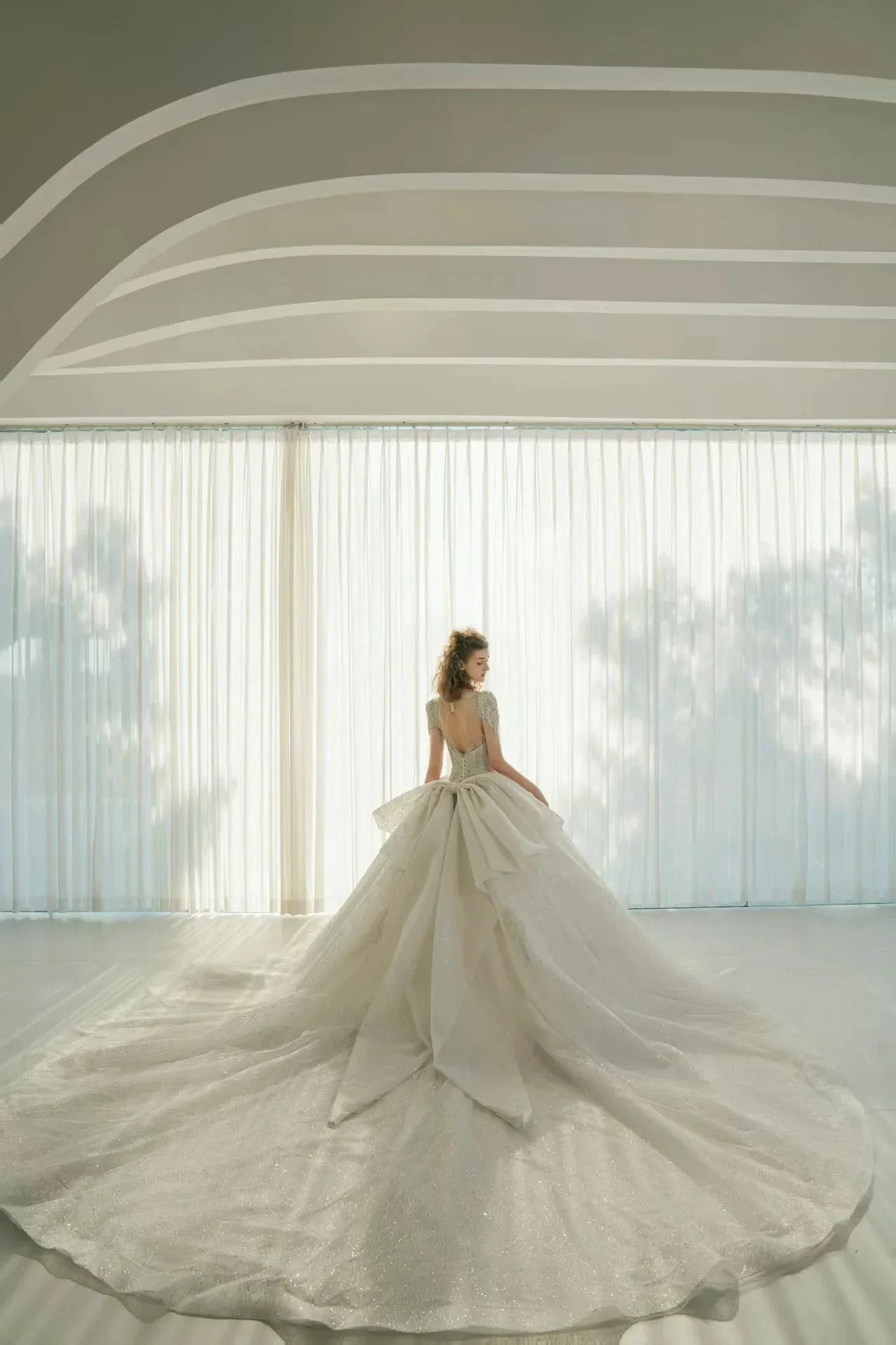 Luminous Ball Gown Illusion Neck Tulle Wedding Dress with Crystal Beaded Embroidery & Bow Back Train Q-6023 (ZD16921)