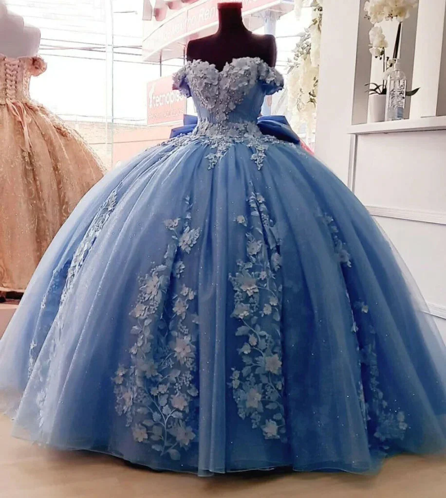 Blue Tulle Floral Flower Lace Appliques Off-the-Shoulder Ball Gown Quinceanera Dress With Bow - FashionDia