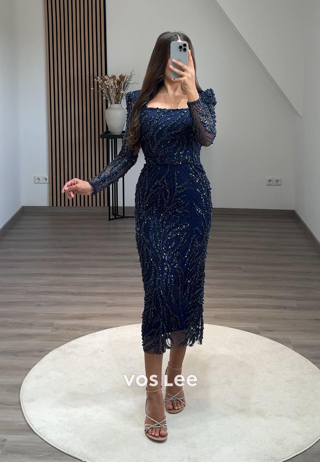 Tea-Length Square Beading Long Sleeve Formal Dresses