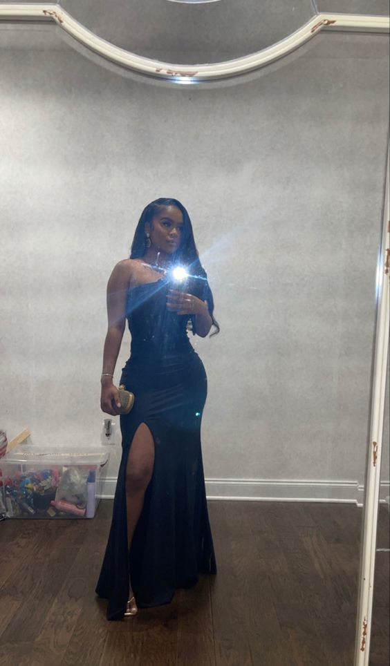 Strapless Black Girls Floor Length Evening Dress Dinner Dress With Split