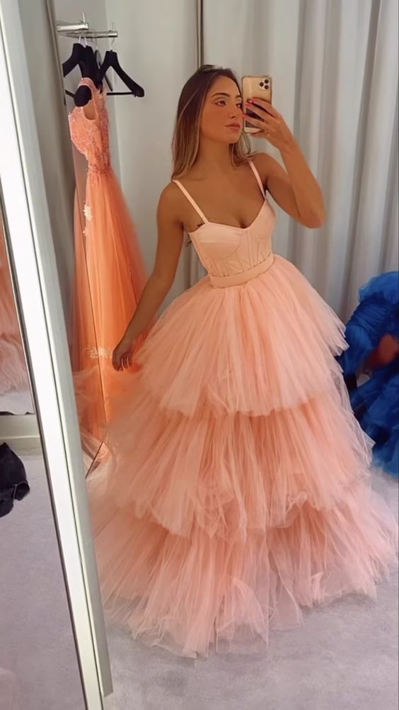 Spaghetti Straps Tulle Evening Dress Peach Senior Prom Dress - FashionDia