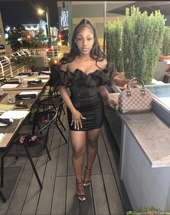 18th Birthday Outfit Black Girl Party Dress Ruffle Neck Black Party Dress