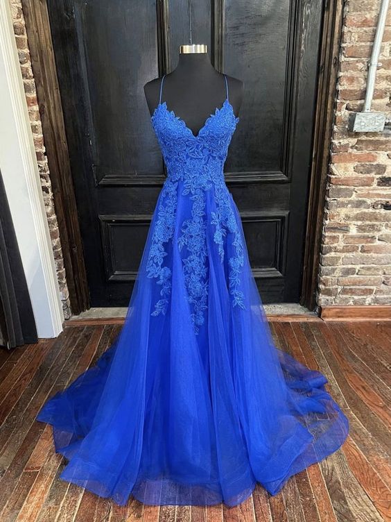 Blue V-Neck tulle lace long prom dress, blue tulle formal dress - FashionDia