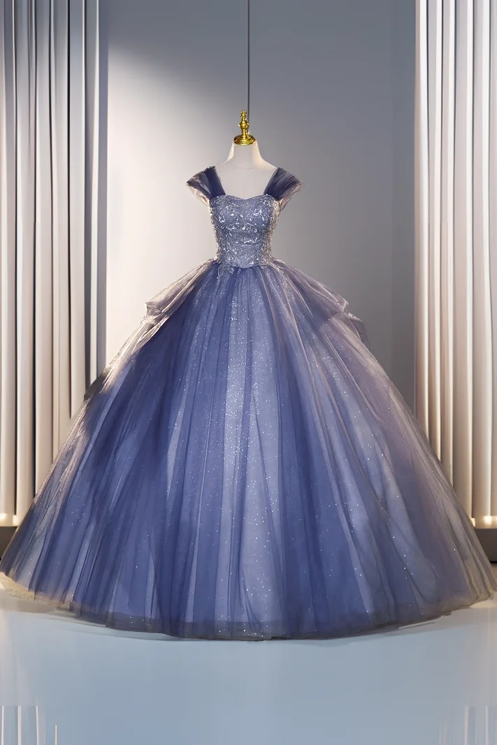 Blue Off-the-Shoulder Sequins Tulle Evening Dress Sweet 16 Dress - FashionDia