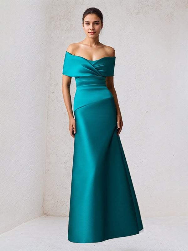 A-Line Off-the-Shoulder Floor-Length Satin Mother Of The Bride Dress - FashionDia