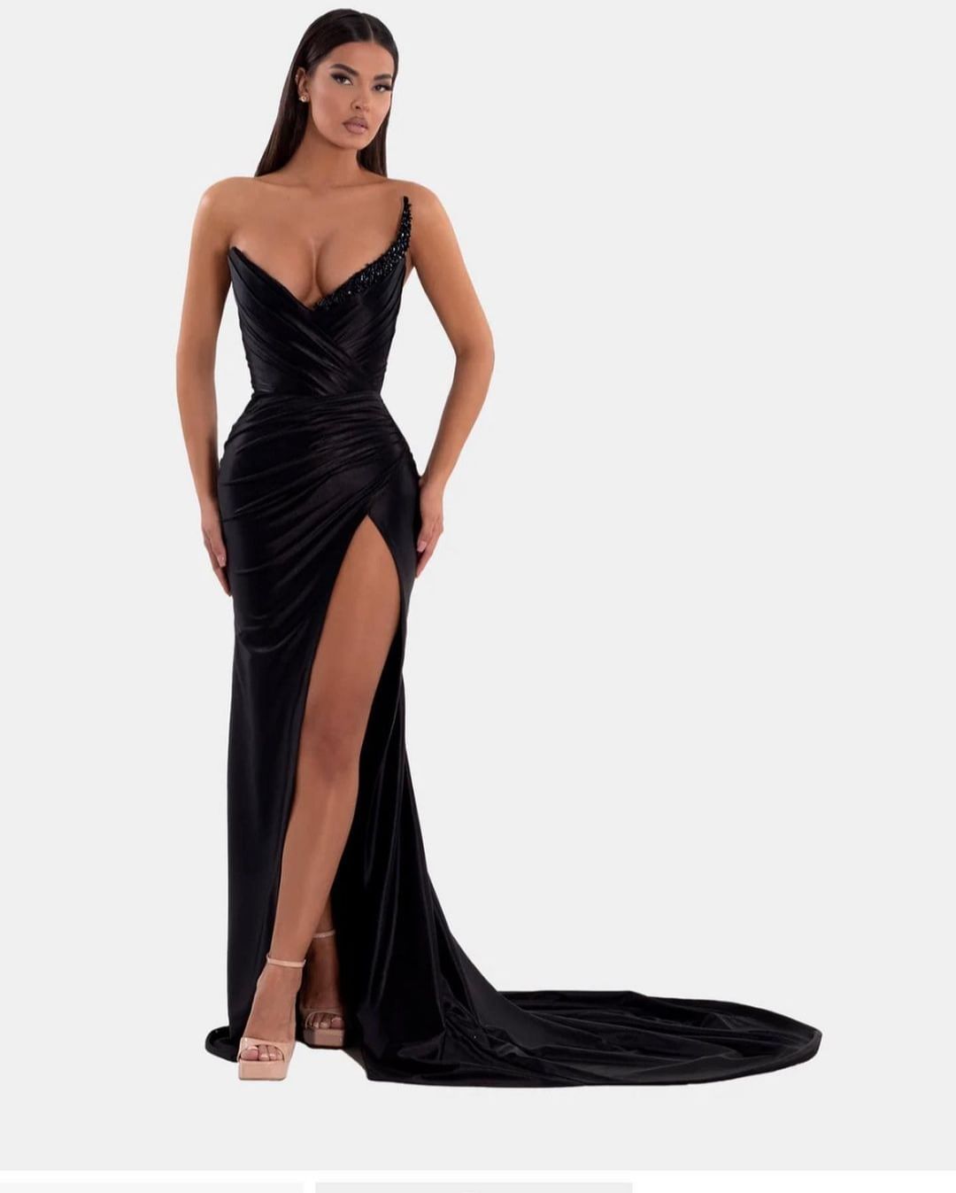 Sexy V-Neck High Slit Pleated Strapless Royal Blue Prom Dress - View 4 | VelvetHem