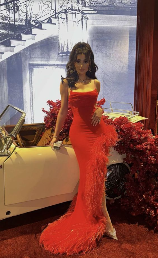Sexy Mermaid Red Straps Long Prom Dress,Formal Evening Dress With Feathers - FashionDia