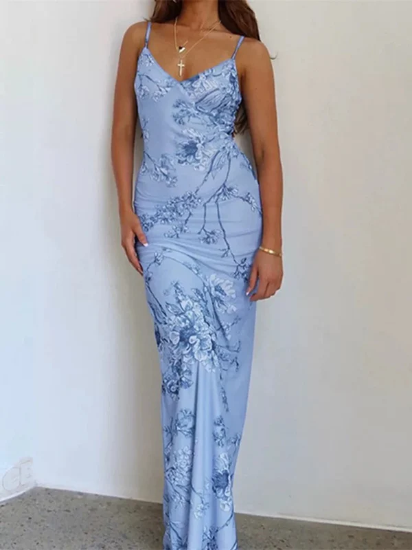Unique Mermaid Blue Print Prom Dress Long Party Evening Dress - View 5 | FashionDia