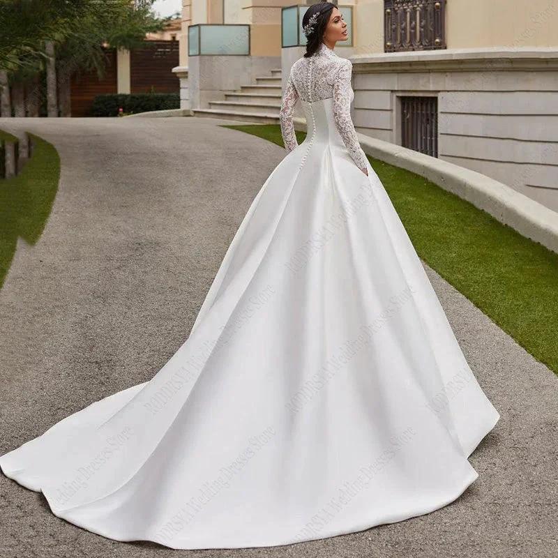 Satin Lace Ball Gowns For Bridal Appliques Full Sleeves Wedding Dresses Vestidos De Noiva Mariage Princess Custom Made (ZD13444)