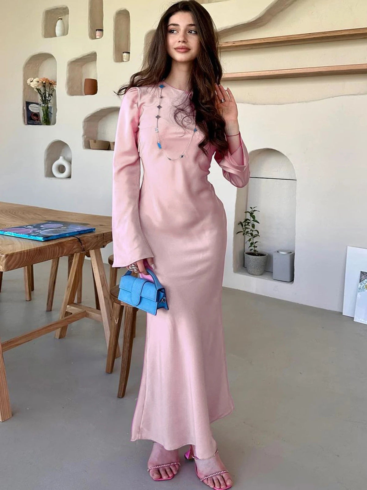 TARUXY Stain Slim Maxi Dresses For Women Elegant Solid Party Evening Dress Women's High Waist Luxury Femme Autumn Fashion Dress - View 2 | VelvetHem