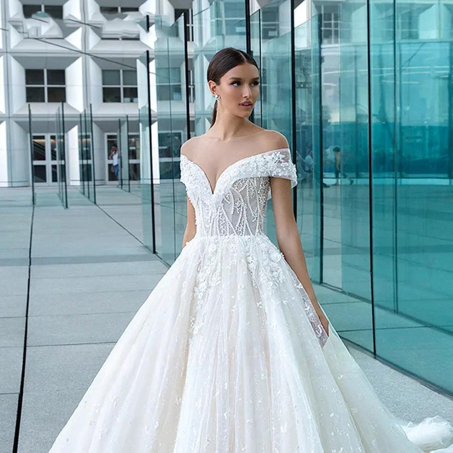Sexy Sweetheart Lace Wedding Dresses Women's V-neck Decal Princess Wedding Formal Party 2023 Off Shoulder Beaded Romantic Bridal (ZD14157) - View 5 | VelvetHem