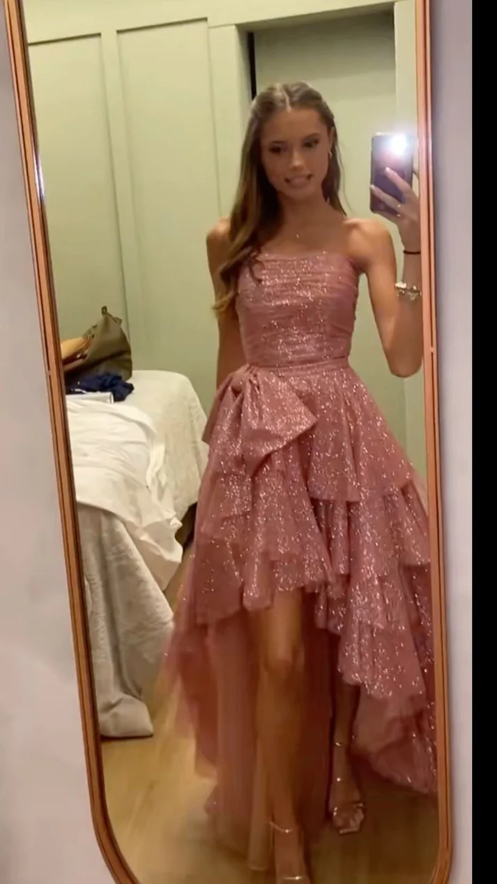 Chic Pink High-Low Strapless Long Prom Dress Sequin Layered Party Gown Evening Dress - FashionDia