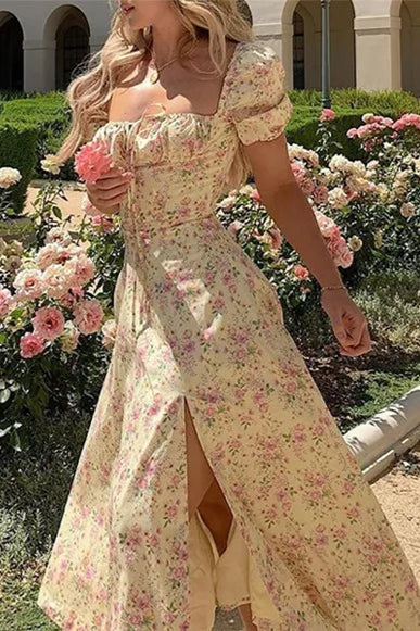 Printed Open Back Slim Split Floral Dress - View 2 | FashionDia