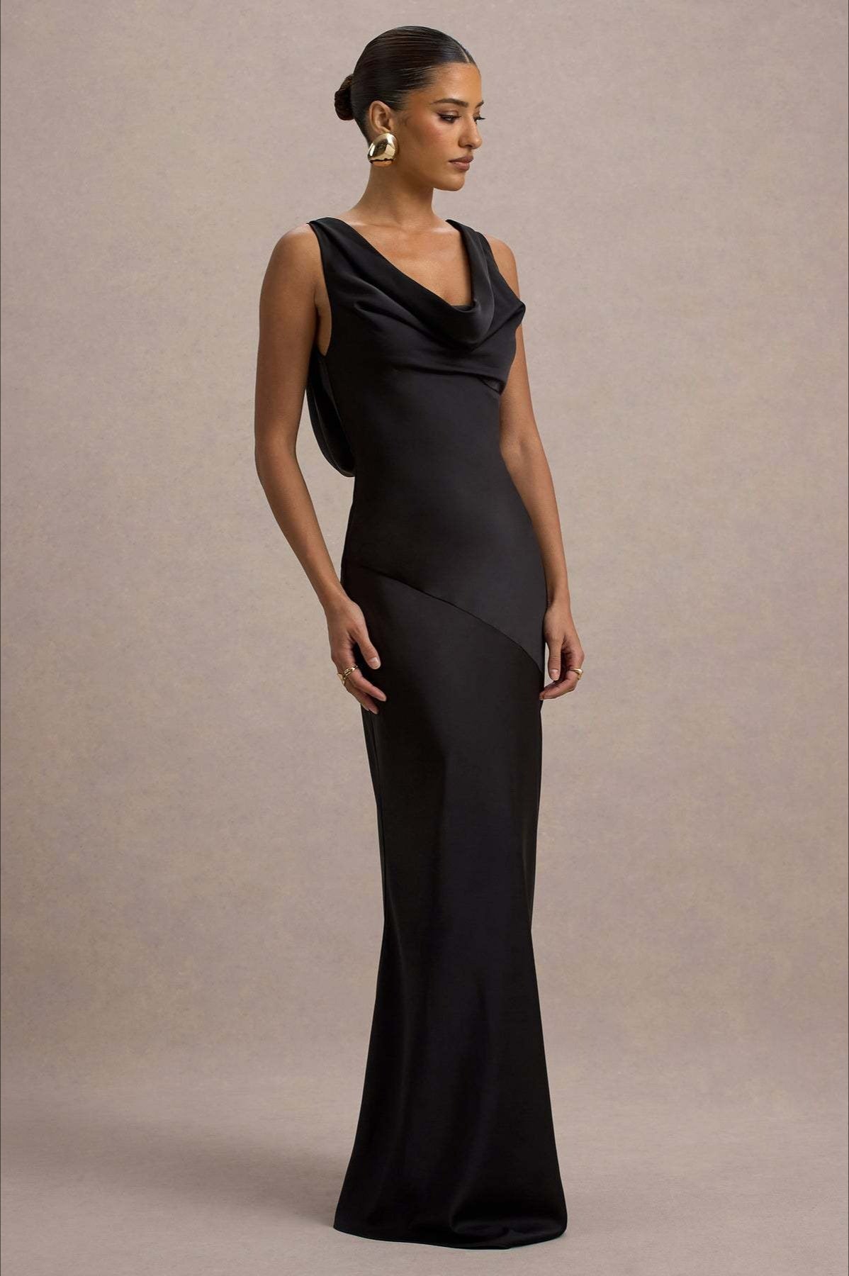 Satin Cowl Neck Dress with Tailored Everyday Styling Boutique Fashion Style