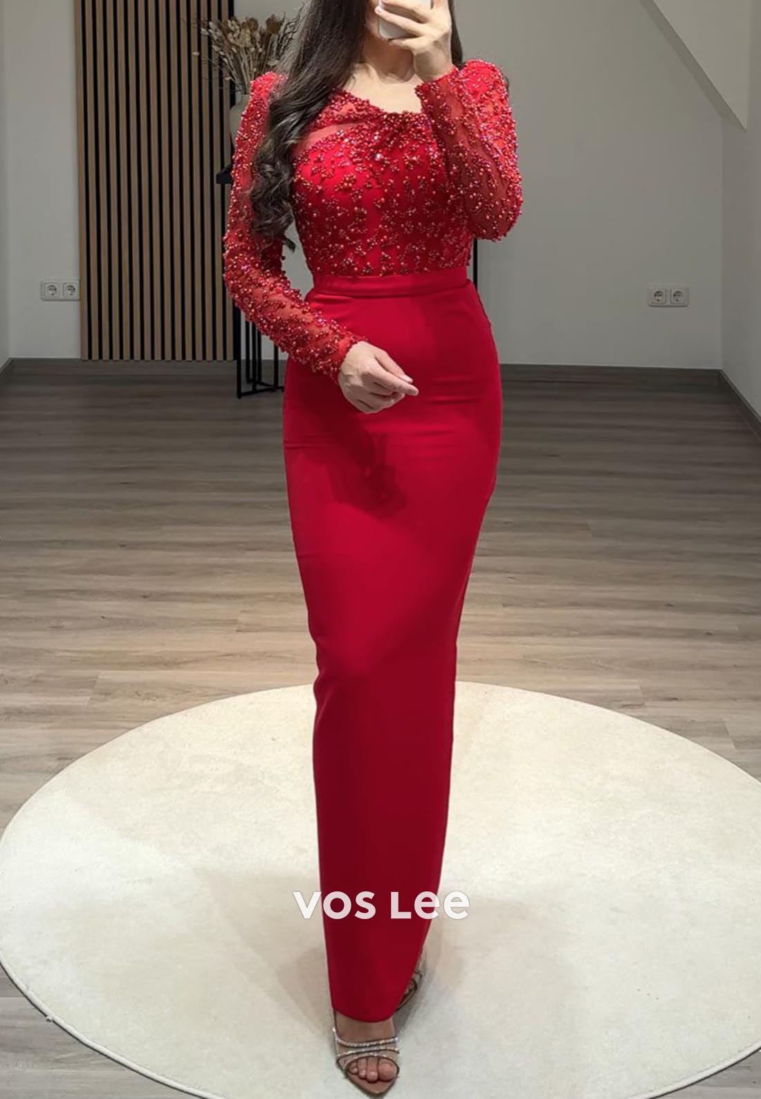 Beading Long Sleeve Scoop Floor-Length Column Formal Evening Dresses