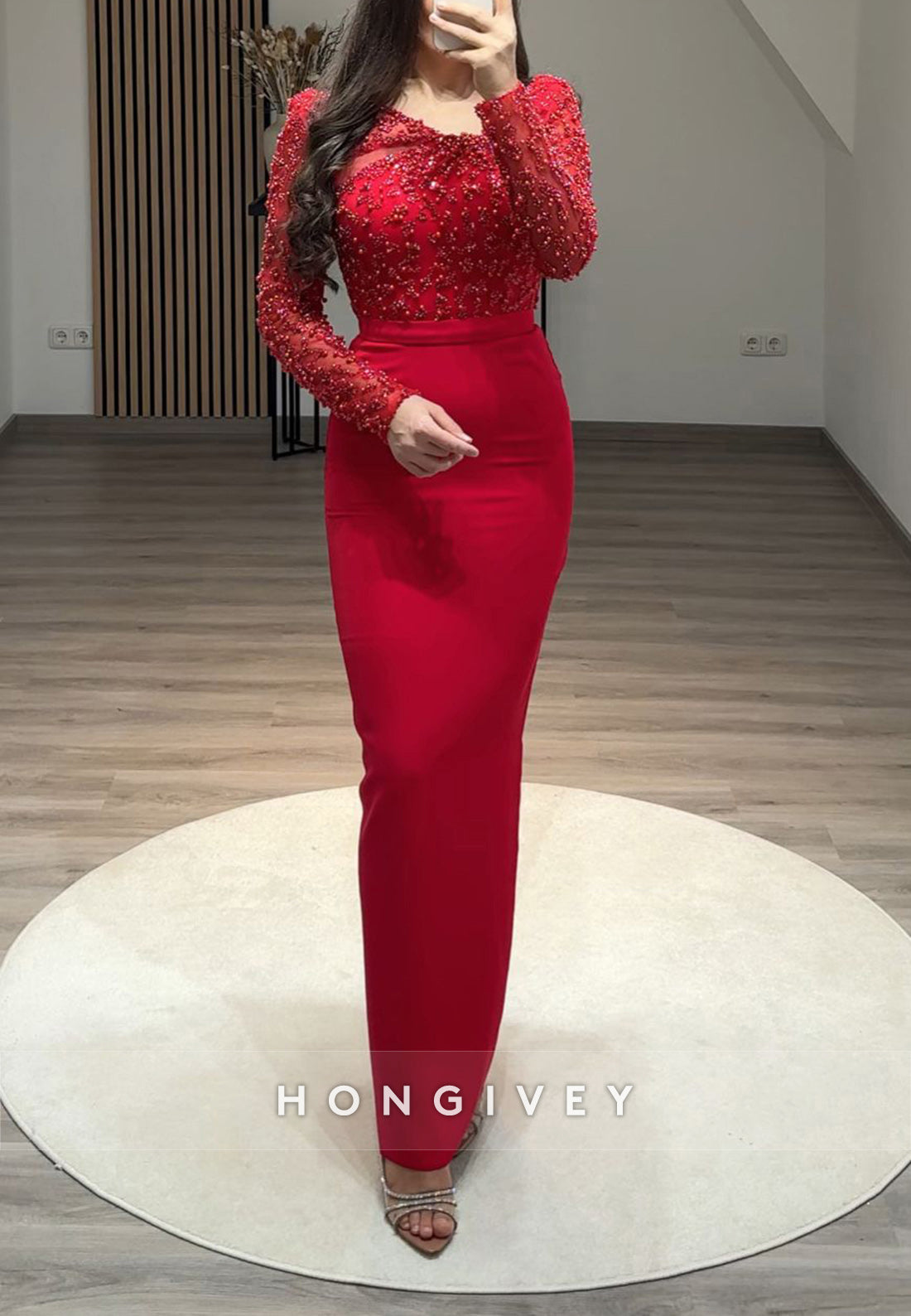 Beading Long Sleeve Scoop Floor-Length Column Formal Evening Dresses