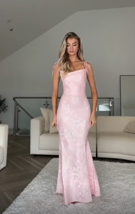 Pretty Straps Floral Print Prom Evening Gown Pink Mermaid Party Dress - View 2 | FashionDia