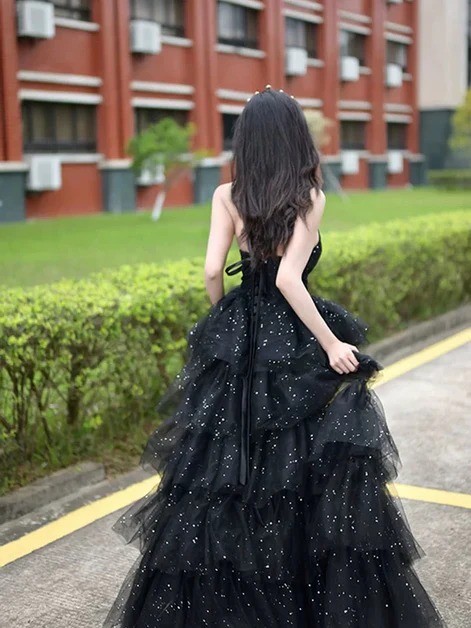 Glitter Black Tulle Layered Long Prom Dress Slit Fairy Ball Gown Party Dress - View 3 | FashionDia