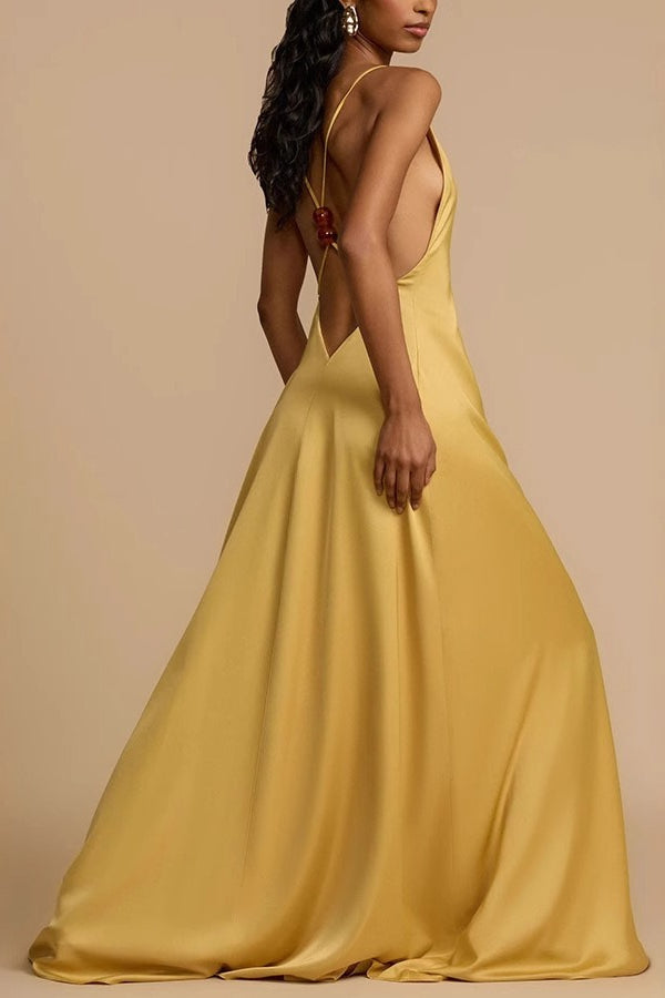 Satin Deep V Backless Maxi Silk Dress - View 2 | VelvetHem