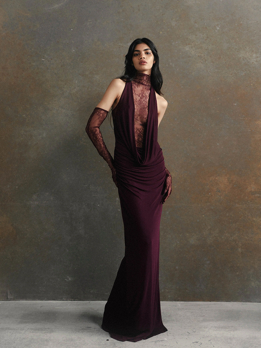 Lace Patchwork Deep V Ruched Prom Dress - View 4 | VelvetHem