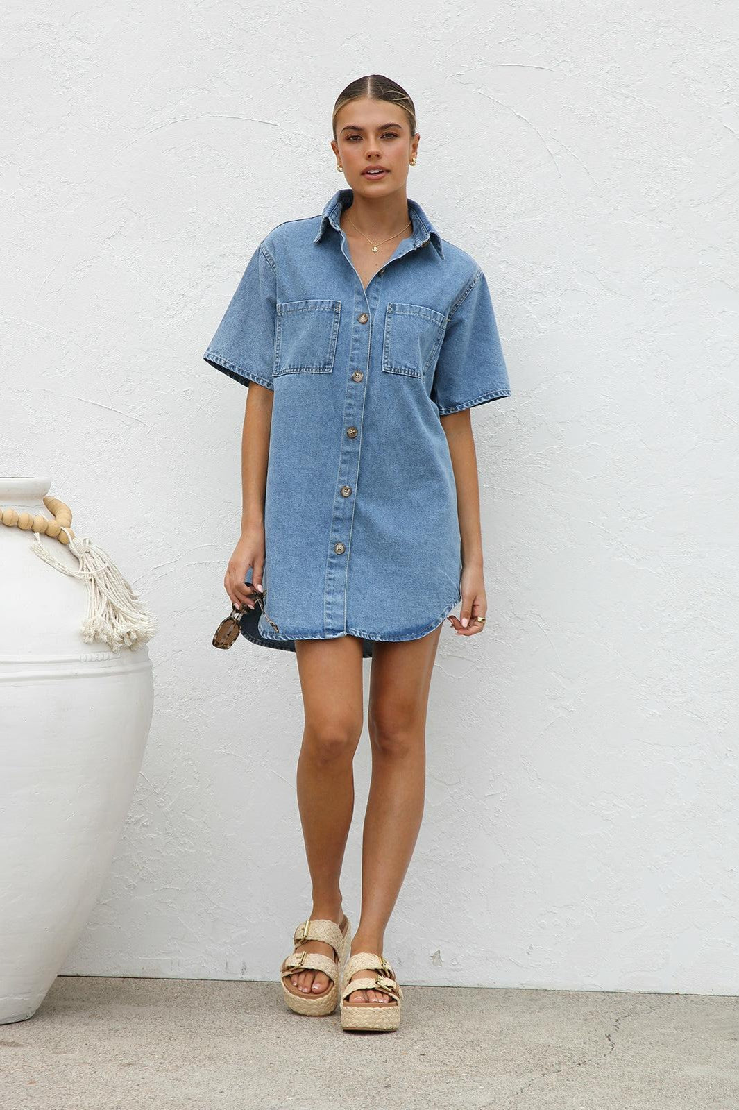 Short Sleeve Shirt Denim Dress - View 11 | VelvetHem