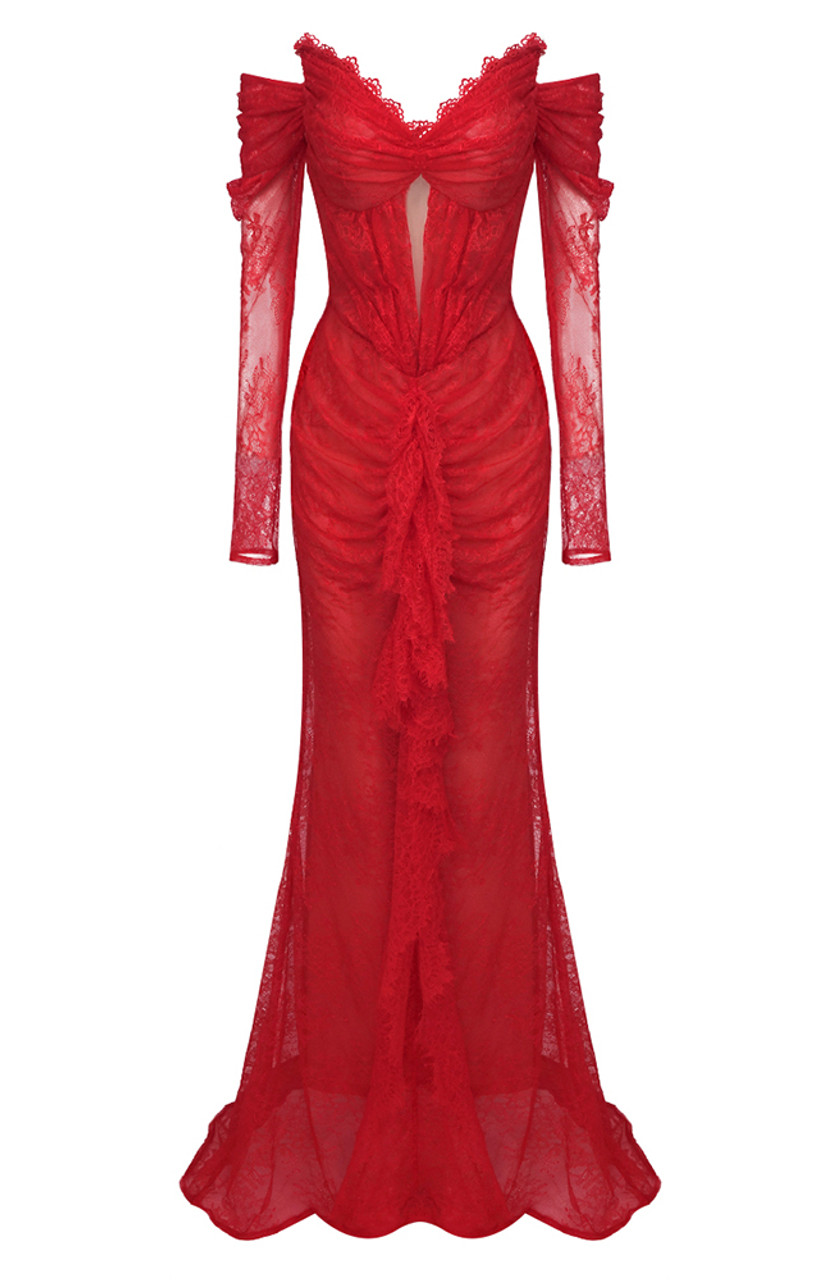 Sexy Red Off-the-Shoulder Lace Mermaid Evening Dress Formal Party Prom Dress - View 2 | FashionDia
