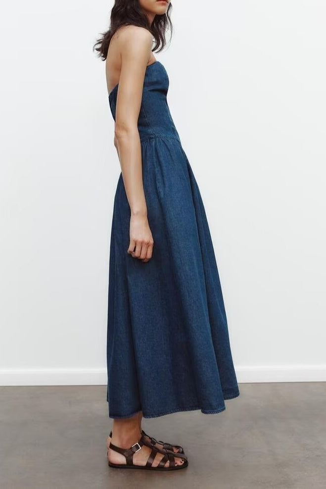 Strapless A-Line Denim Dress - View 3 | VelvetHem