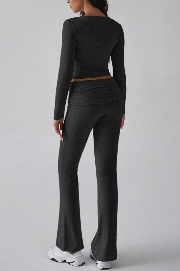 Solid Color Casual Knitted Long-sleeved Top Yoga Wear Two-piece Pants Set