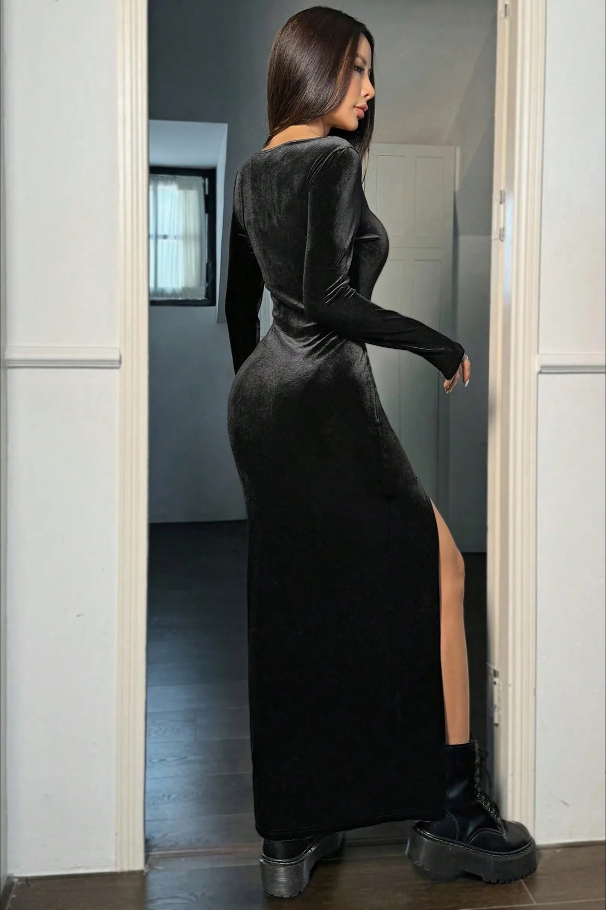 High Waist Split Velvet Maxi Dress - View 4 | FashionDia