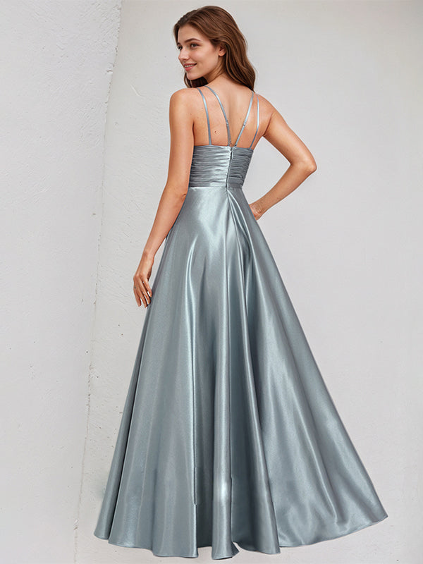 Dusty Blue Satin A Line Halter Neck Sleeveless Floor Length Bridesmaid Dress
