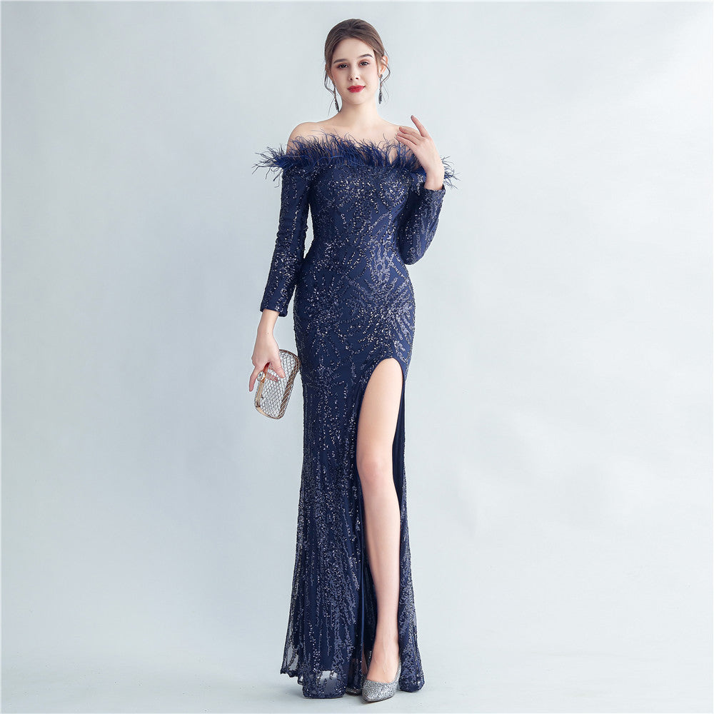 High Density Ostrich Hair Sequin Off Shoulder Fishtail Evening Dress - View 10 | VelvetHem