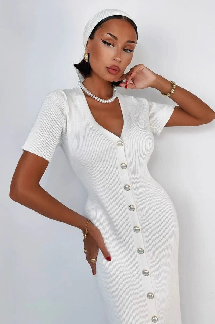Waist Cinched V Neck Single Breasted Short Sleeve Knit Maxi Sweater Dress - VelvetHem