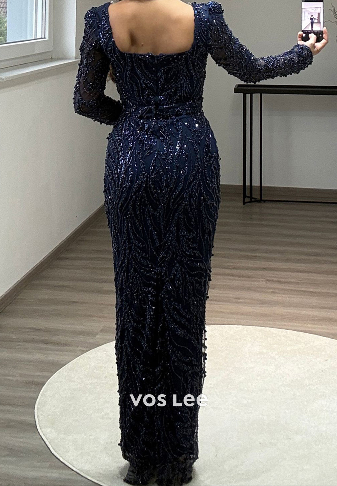 Column Floor-Length Square Long Sleeve Beading Glitter Split Formal Evening Dresses
