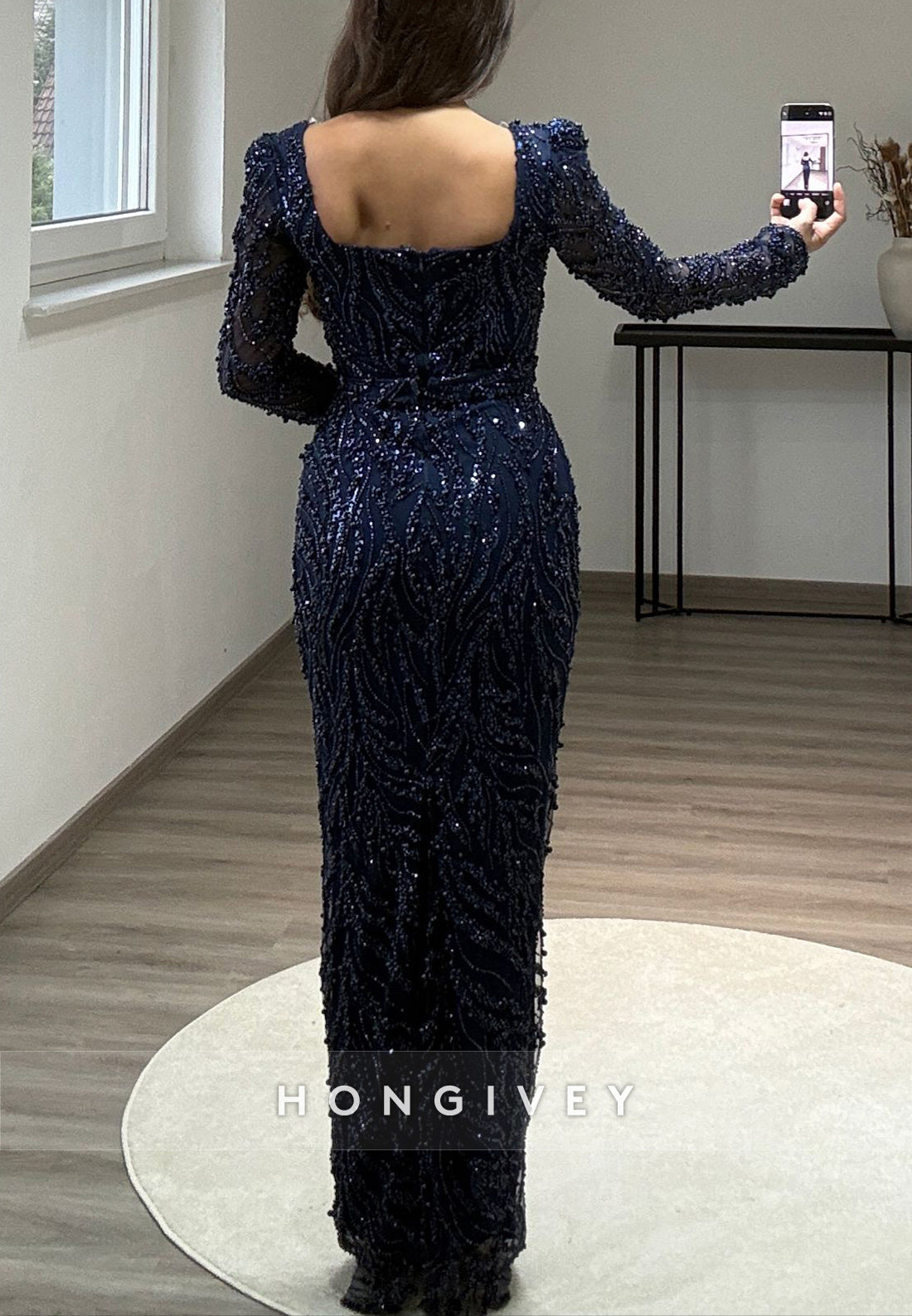 Column Floor-Length Square Long Sleeve Beading Glitter Split Formal Evening Dresses