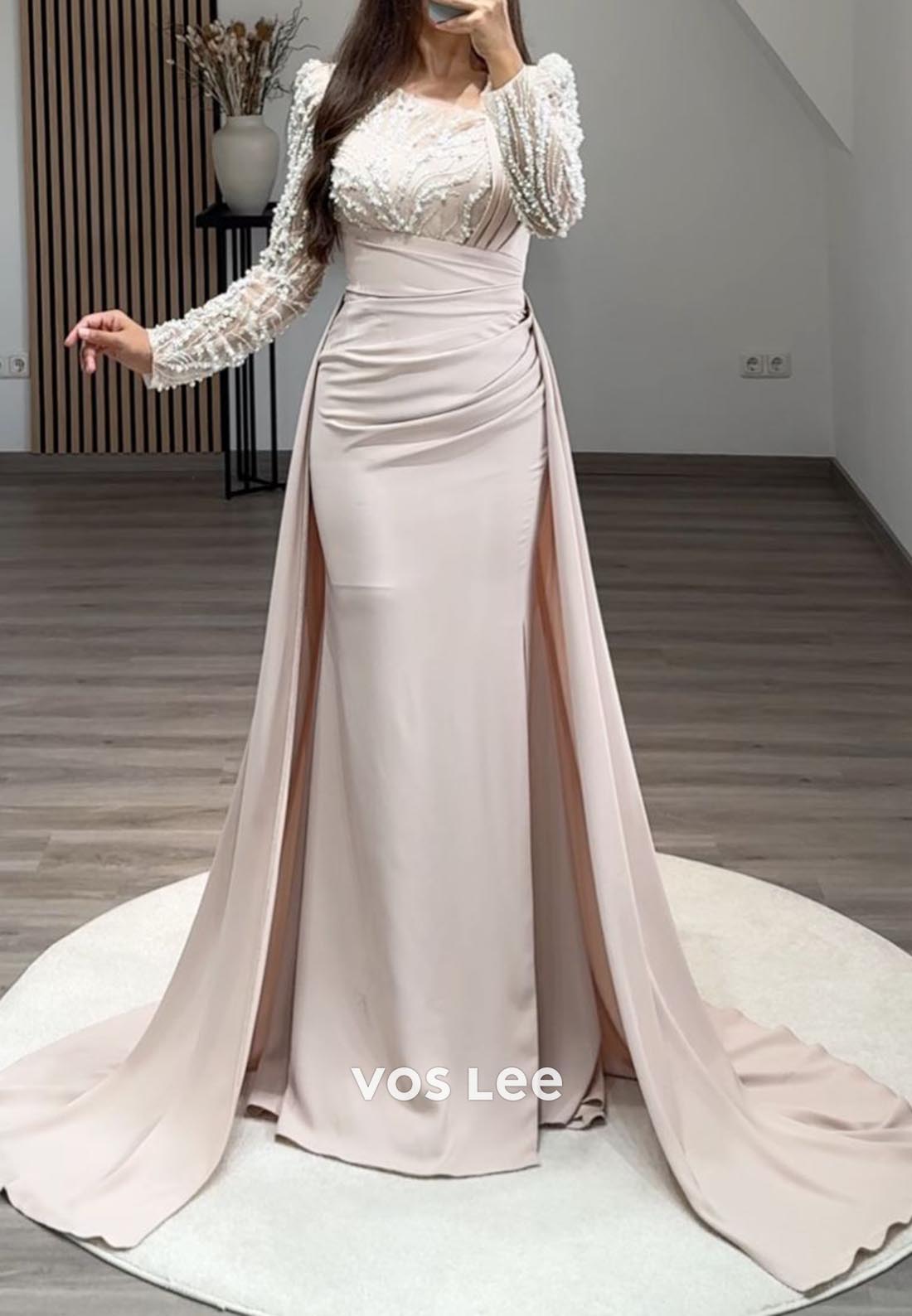 Pleated Beading Long Sleeve Illusion Neck Sweep Train Formal Dresses