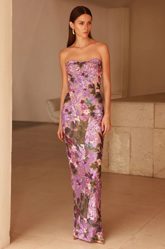 Off Shoulder 3D Tulle Embroidered Sequin Slim Sequin Dress - VelvetHem