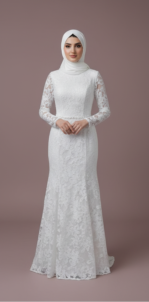 Modest Muslim Wedding Gown for Women, Long Sleeves, Floral Details, Tulle WHITE