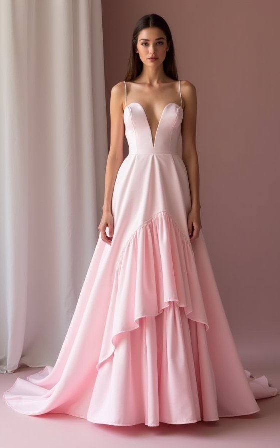 Romantic Pink Evening Dress & Prom Dress with Long Bell Sleeves