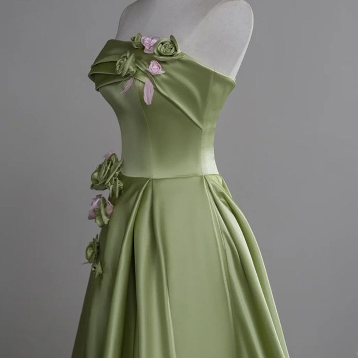 Elegant Green Satin Party Dress With Flowers, Green Long Prom Dress - View 3 | FashionDia