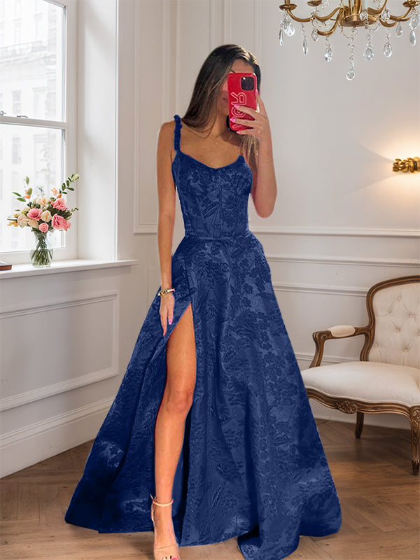 Hot Pink A Line Floral Long Prom Dress with High Slit