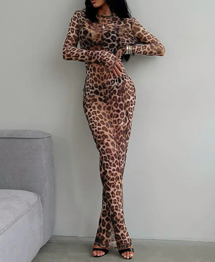 Leopard Print Sleeve Maxi Dress - VelvetHem