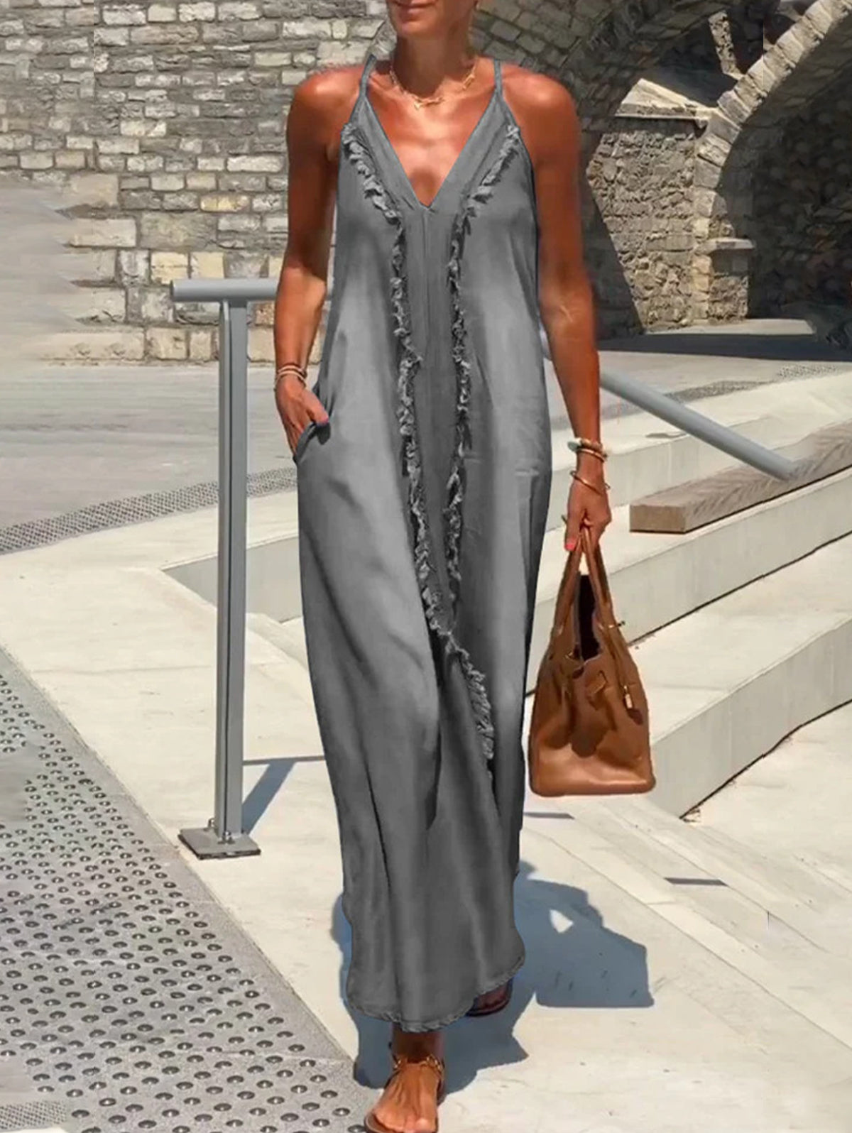Raw Edge V Neck Pocket Maxi Dress Sleeveless - Omychic